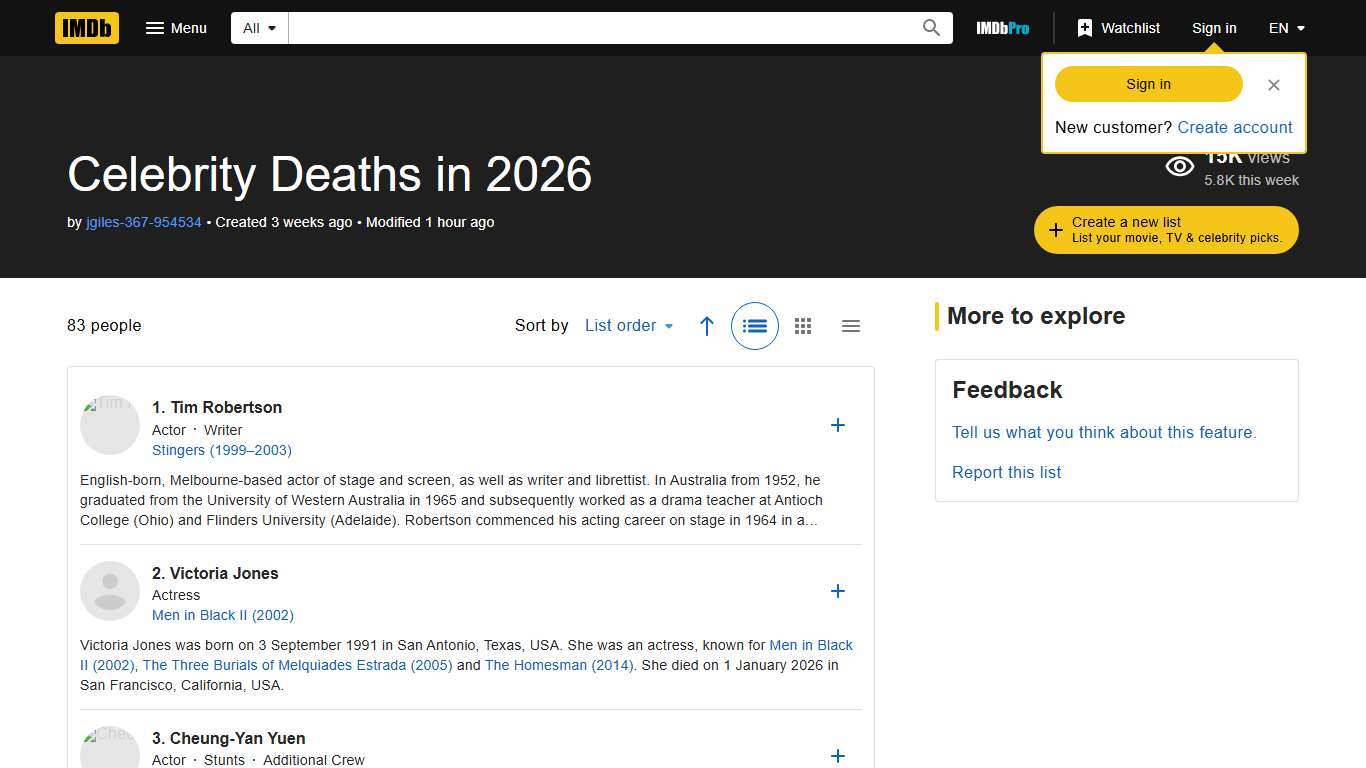 Celebrity Deaths in 2026